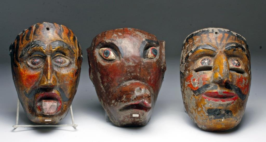 Lot of 3 Guerrero Carved / Painted Ceremonial Masks: Nahua Indians, Guerrero State, Mexico, 20th century. Set of three vintage wooden carved masks, each of different personas and all worn in ceremony. Guerrero masks often include both animal and human v