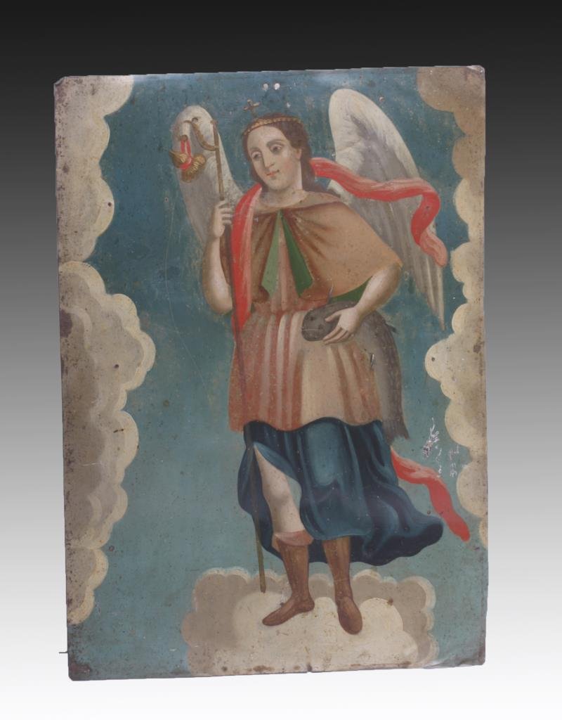Antique Mexican Retablo - San Rafael: Mexico, ca. 1800 CE. A vibrant antique Mexican retablo depicting the archangel Raphael. Icons like these were placed above household altars to venerate the saints (retablo literally means "behind the 