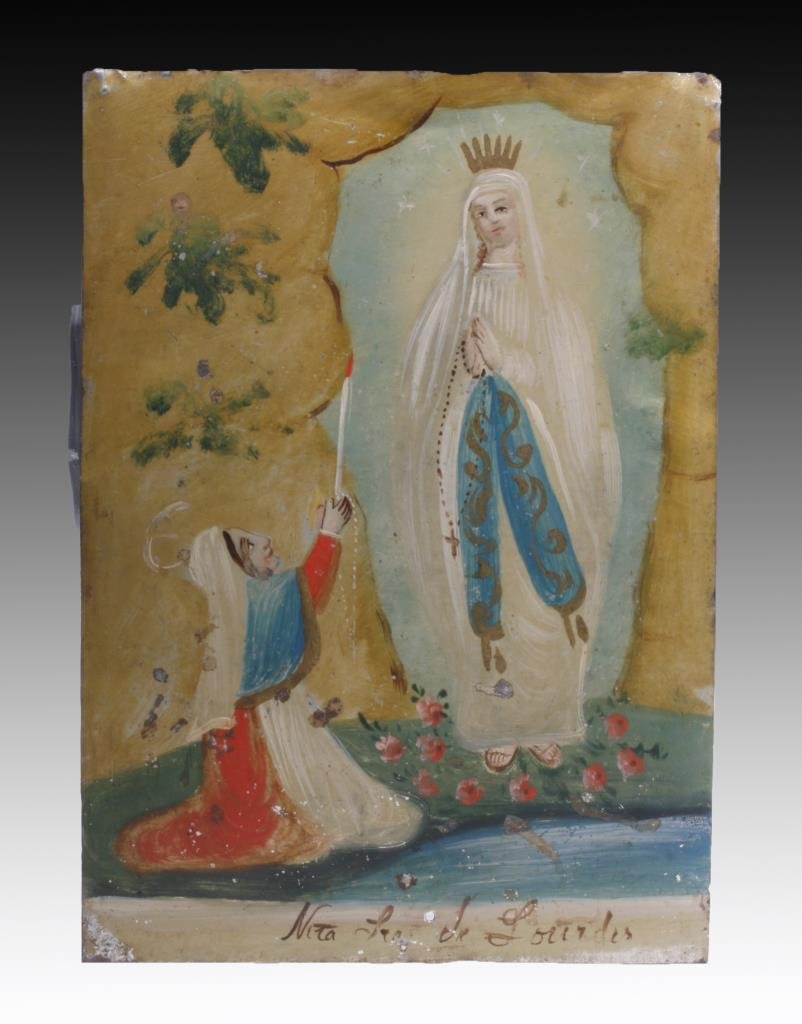 Antique Mexican Retablo - N.S. de Lourdes: Mexico, ca. 1800 CE. A beautiful antique Mexican retablo depicting St. Bernadette witnessing a vision of the Virgin Mary at Lourdes. Icons like these were placed above household altars to venerate the