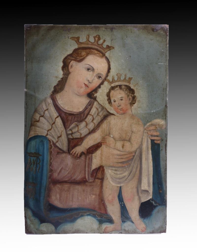 An Antique Mexican Retablo - Holy Mother and Child: Mexico, ca. 1800 CE. An attractive antique Mexican retablo depicting the Holy Mother and Christ Child. Icons like these were placed above household altars to venerate the saints (retablo literally mea