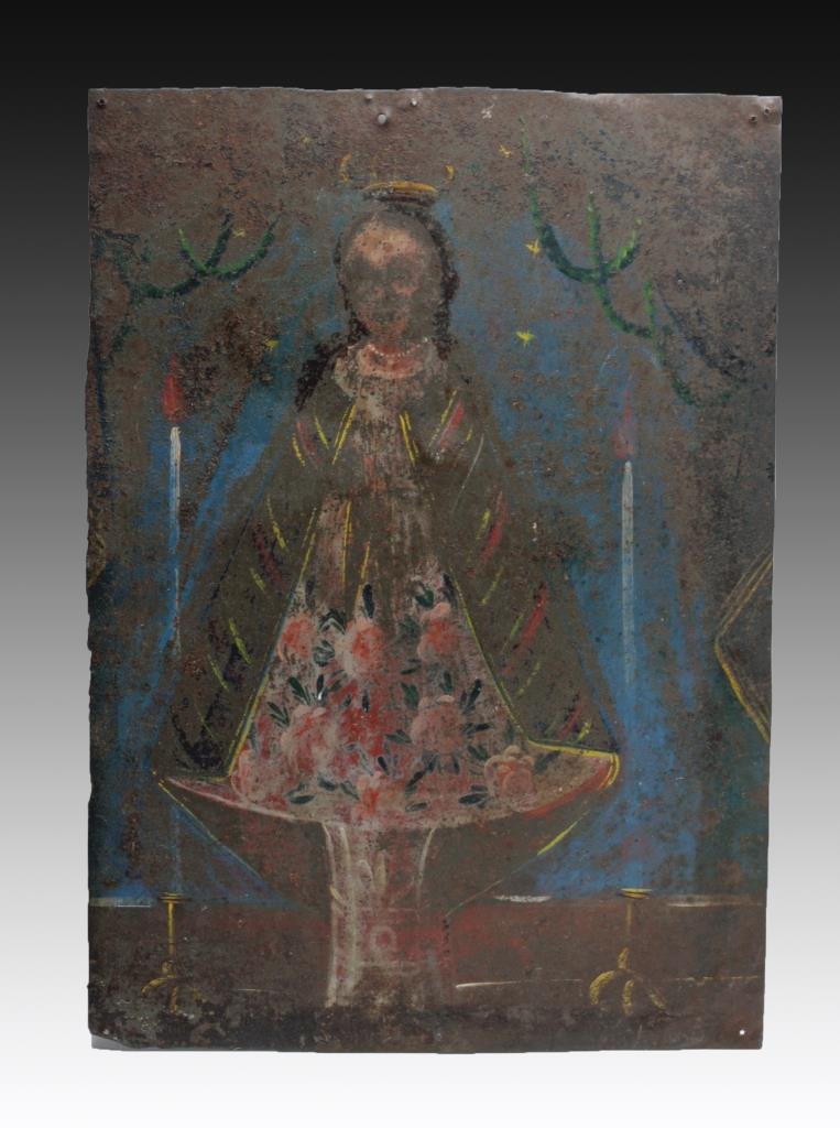 An Antique Mexican Retablo - Our Lady of Good Success: Mexico, ca. 1800 CE. An antique Mexican retablo depicting the Holy Mother as Our Lady of Good Success. Icons like these were placed above household altars to venerate the saints (retablo literally mea