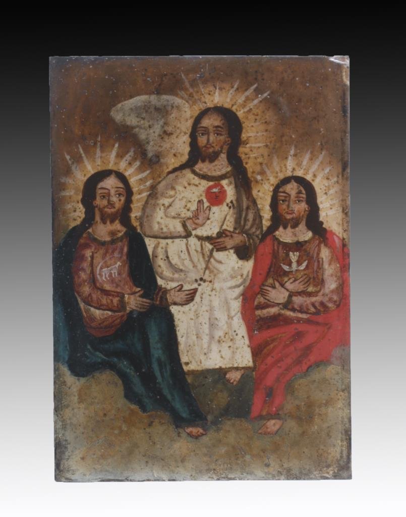 Antique Mexican Retablo - The Holy Trinity: Mexico, ca. 1800 CE. An interesting antique Mexican retablo depicting the Holy Trinity. Icons like these were placed above household altars to venerate the saints (retablo literally means "behind the