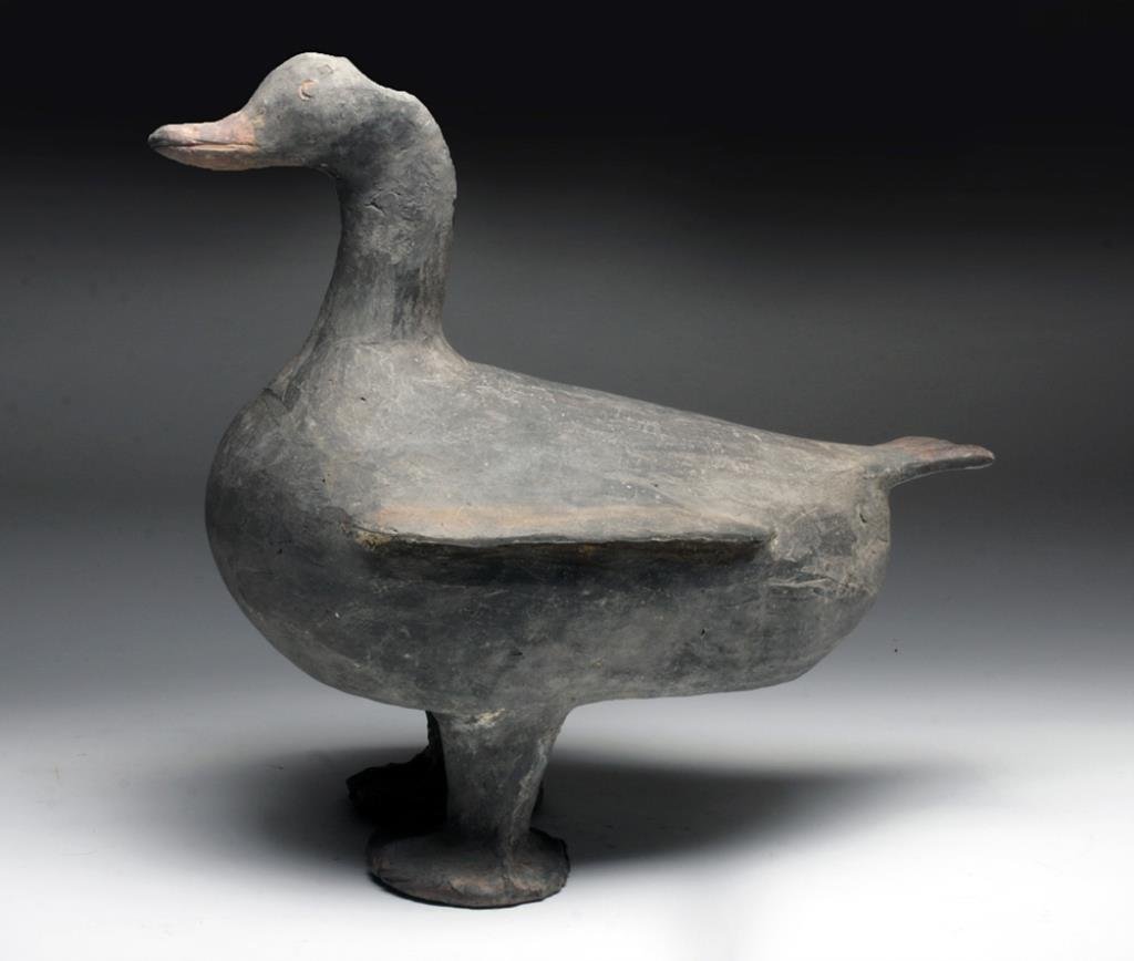 Large Chinese Han Dynasty Duck Effigy: China, Han Dynasty, Western Han, ca. 206 BCE - 220 CE. A beautiful greyware terracotta mold-made duck effigy, standing face forward, with long neck and beak, incised eyes and mouth. Wings on either si