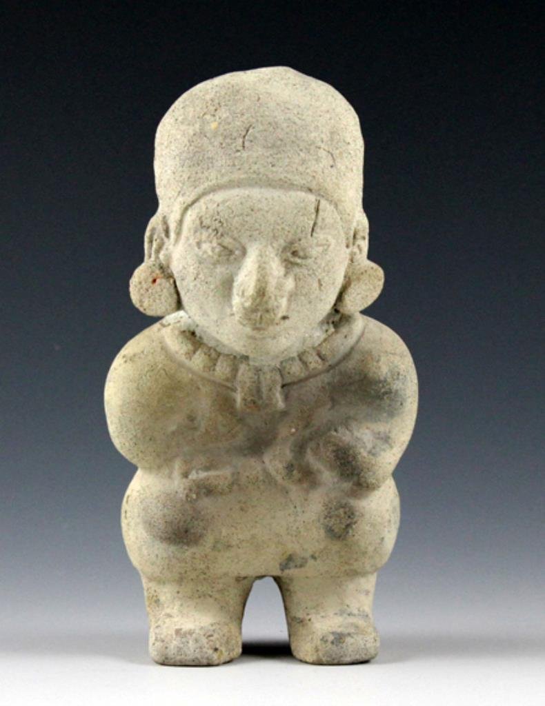 Pre-Columbian Tumaco La Tolita Rattle, Mother and Child: Depicting a mother and child, from the Tumaco or La Tolita cultures of ancient Ecuador or Colombia, ca. 300 BCE - 300 CE. The fine, light-colored clay from which this figure is made is indicative of f