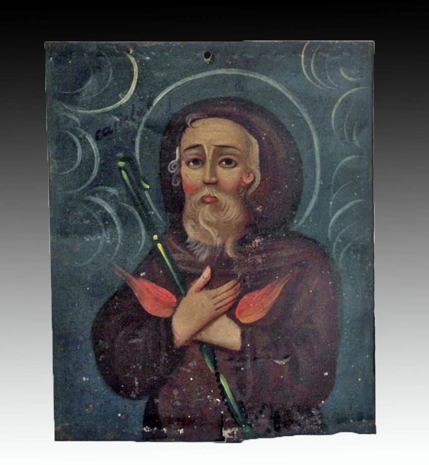 Antique Mexican Retablo - St. Francis of Paola: Mexico, ca. 1800-1900. A lovely antique Mexican retablo depicting St. Francis of Paola. Icons like these were placed above household altars to venerate the saints (retablo literally means "behind the 