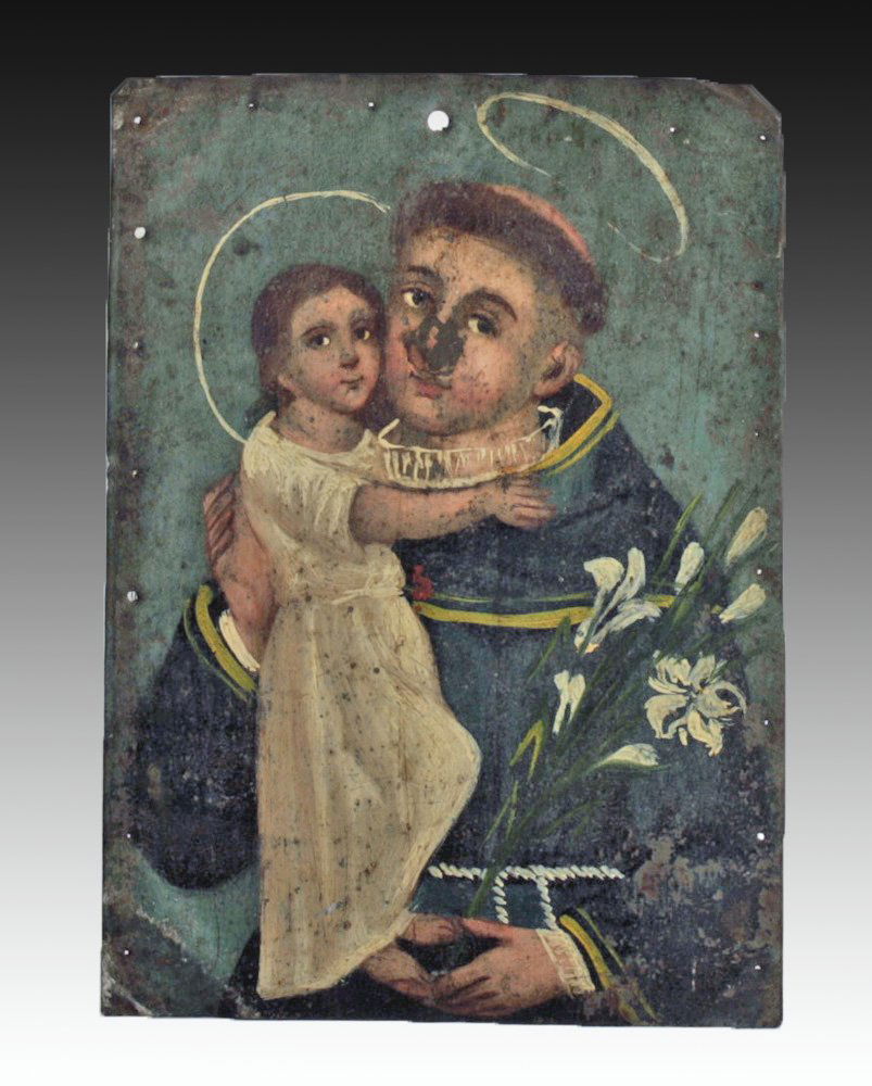 Antique Mexican Retablo - St. Anthony of Padua: Mexico, ca. 1800-1900. A sweet antique Mexican retablo depicting St. Anthony of Padua holding the Christ Child. Icons like these were placed above household altars to venerate the saints (retablo lite