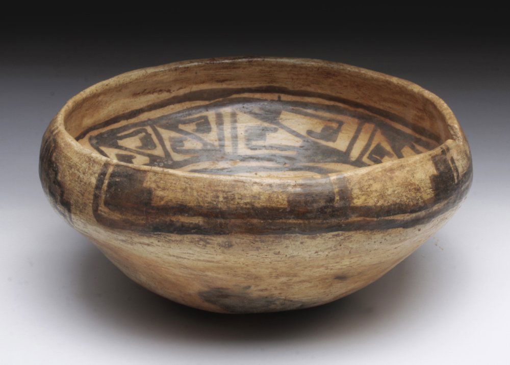 Anasazi Jeddito Black on Yellow Pottery Bowl: Native American, North America, Antelope Mesa, AZ, Jeddito, 1325-1600 CE. Jeddito yellow ware is a form of Anasazi Pueblo pottery known for fine form, deep golden tones, and finely executed designs. T