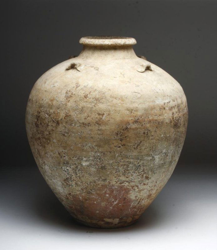 Large Chinese Ming Dynasty Amphora: China, Ming Dynasty, Ca. 1368–1644 CE. A finely preserved Chinese Amphora of bulbous body, with a low neck and slightly flared and rounded rim. Above the shoulder of this vessel are four small handl
