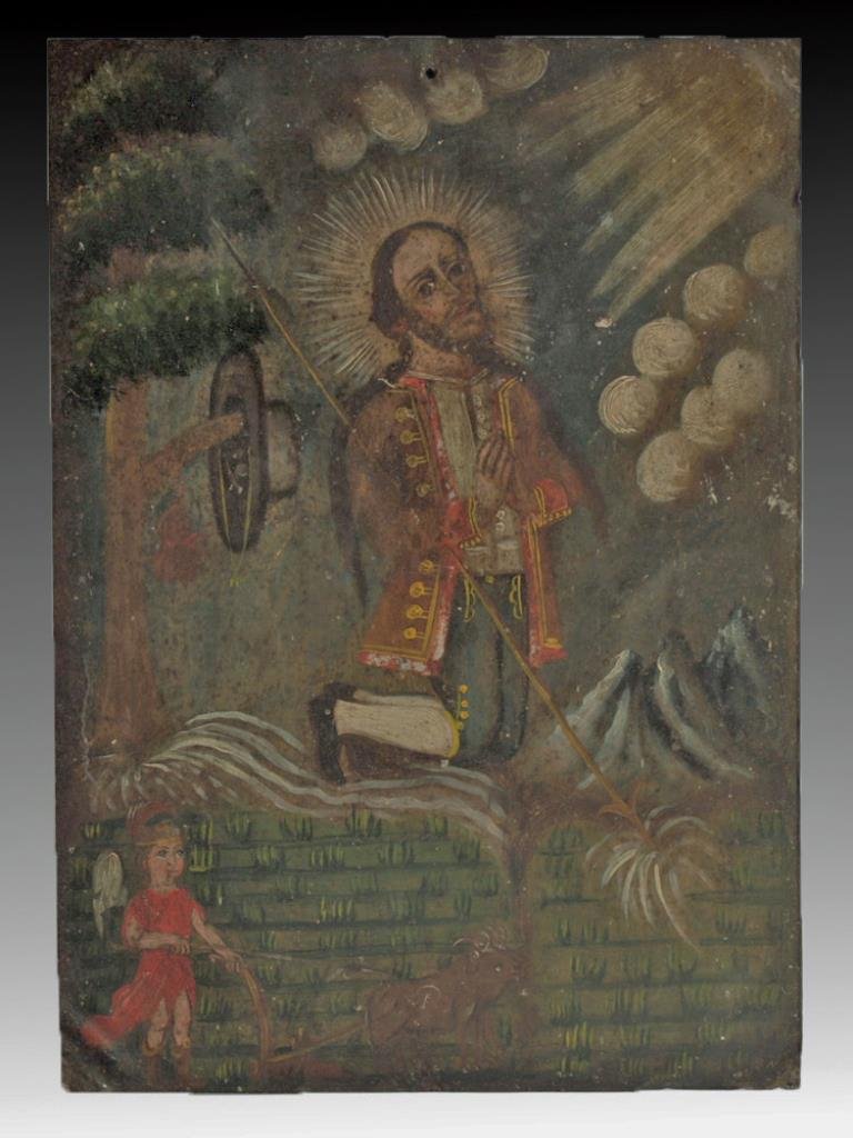 Antique Mexican Retablo, San Isidro Labrador: Mexico, ca. 19th Century CE. An antique Mexican retablo depicting St. Isidore the Labourer. Icons like these were placed above household altars to venerate the saints (retablo literally means "behind