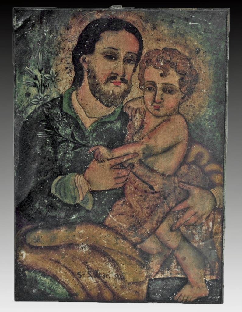 Antique Mexican Retablo, St. Joseph with Christ: Mexico, ca. 19th Century CE. A finely detailed antique Mexican retablo depicting St. Joseph with the Christ Child. Icons like these were placed above household altars to venerate the saints (retablo l
