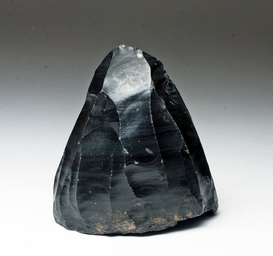 Early Mousterian Obsidian Core - 25,000 Years Old!: France, Mousterian, dating back 25,000 years. Large obsidian core of the type used by early humans and Neanderthal to craft stone weapons and tools. 5"H x 3-3/4"D. Provenance: Ex-private UK Collectio