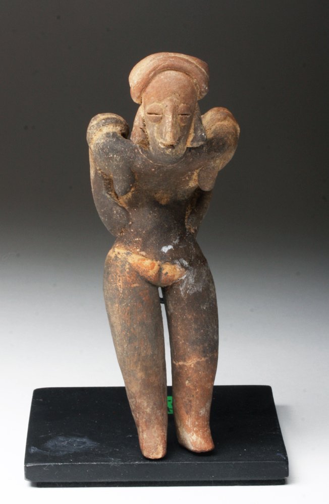 Colima Pottery Flat, Old Woman: Pre-Columbian, West Mexico, Colima, Ca 200 BCE to 200 CE. Very rare depiction! Pottery flat of a elderly woman, she stands with very stooped/hunched back, perhaps suffering from osteoporosis. Shown nu