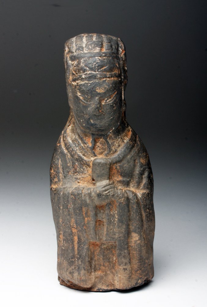Chinese Han Dynasty Terracotta Figure: China, Han Dynasty, Ca 221 BCE to 200 CE. Solid molded pottery figure of an attendant. 8"T. Provenance: Ex-Sarkisian estate, Denver, CO, USA All items in this auction are legal to buy/sell under U.S. 