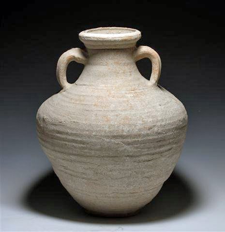 Parthian Terracotta Amphora - 14"H: Parthian Empire, Ca 2nd-3rd Century CE. Large water container sits on raised platform, two handles under spout. Appears to be wheel spun with ribbing showing. 14”H Provenance: Ex- Glenn Woods Collec