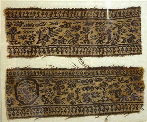 Set of 2 Egyptian Coptic Textiles: Coptic, Egypt, ca. 3rd to 6th centuries CE. Brown on tan background, each rectangular panel comprised of scenes of birds, animals and humans looking quite happy and animated! Using intricate patterns