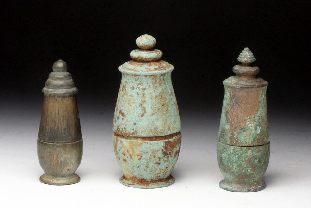Lot of 3 Khmer Bronze Lime Pots: Cambodia, Khmer, Ca 1200 to 1300 CE. Trio of bronze jars used to hold lime powder - a way to enhance the effectiveness of drugs. 3-3/8" H for largest. Provenance: Ex-private CA Collection, acquired be