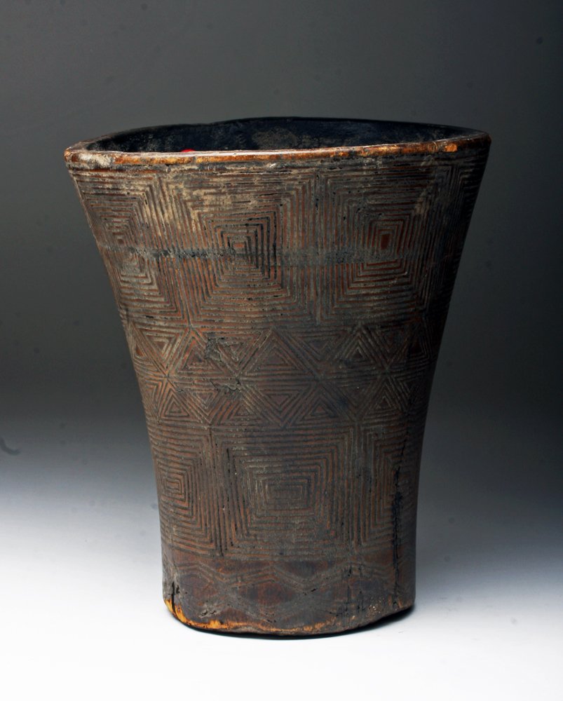 Large Inca Wooden Kero, Incised Decorations: Pre-Columbian, Central Peru to northern Chile, Ca 1400 CE. Incised wood kero used for drinking Chicha - fermented corn beer - nicely decorated with extensive incised decorations in repeating geometric