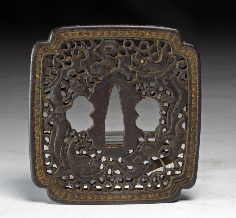 Japanese Bronze / Gilt Sword Tsuba - Dragons: Another wonderful example! Japan, Edo Period, ca. 17th to 18th century. Beautiful square-ish iron Nobutaka tsuba decorated with scene of two dragons floating among the clouds, gilt edging (internal an