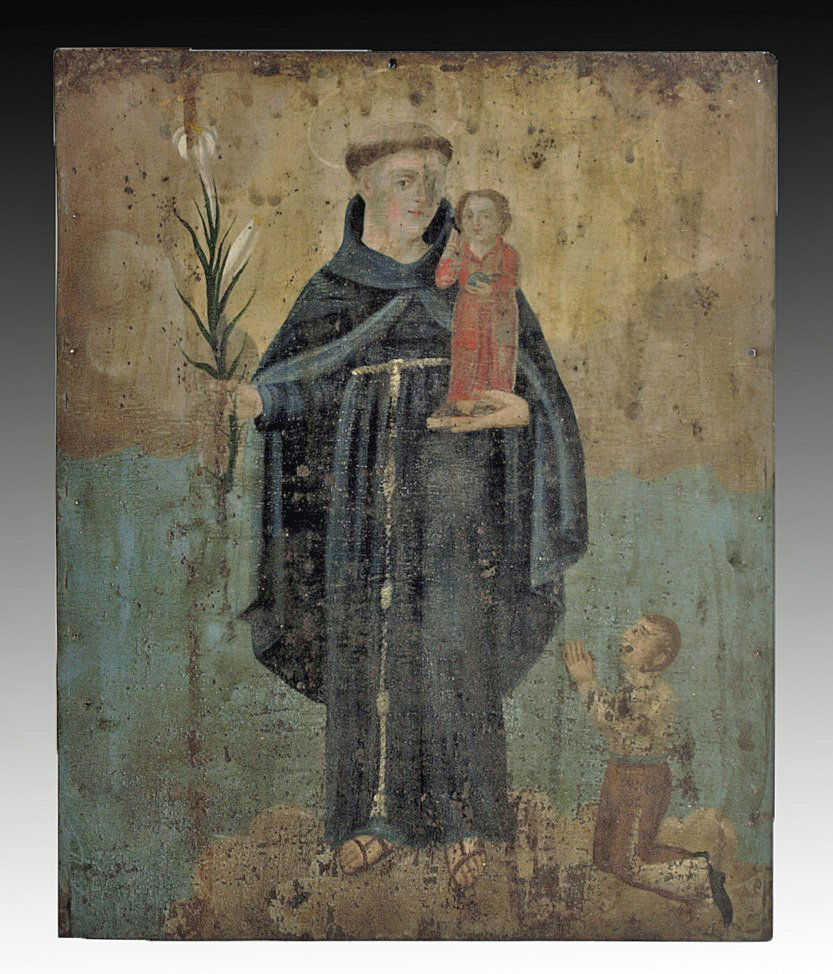 19th C. Mexican Retablo, San Antonio de Padua: A sweet antique Mexican retablo depicting St. Anthony of Padua holding the Christ Child. Icons like these were placed above household altars to venerate the saints (retablo literally means "behind the