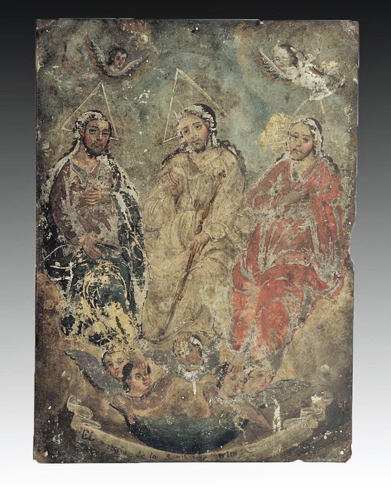 Antique Mexican Retablo, La Trinidad: Mexico, ca. 19th Century CE. A striking antique Mexican retablo depicting the Holy Trinity. Icons like these were placed above household altars to venerate the saints (retablo literally means "behind