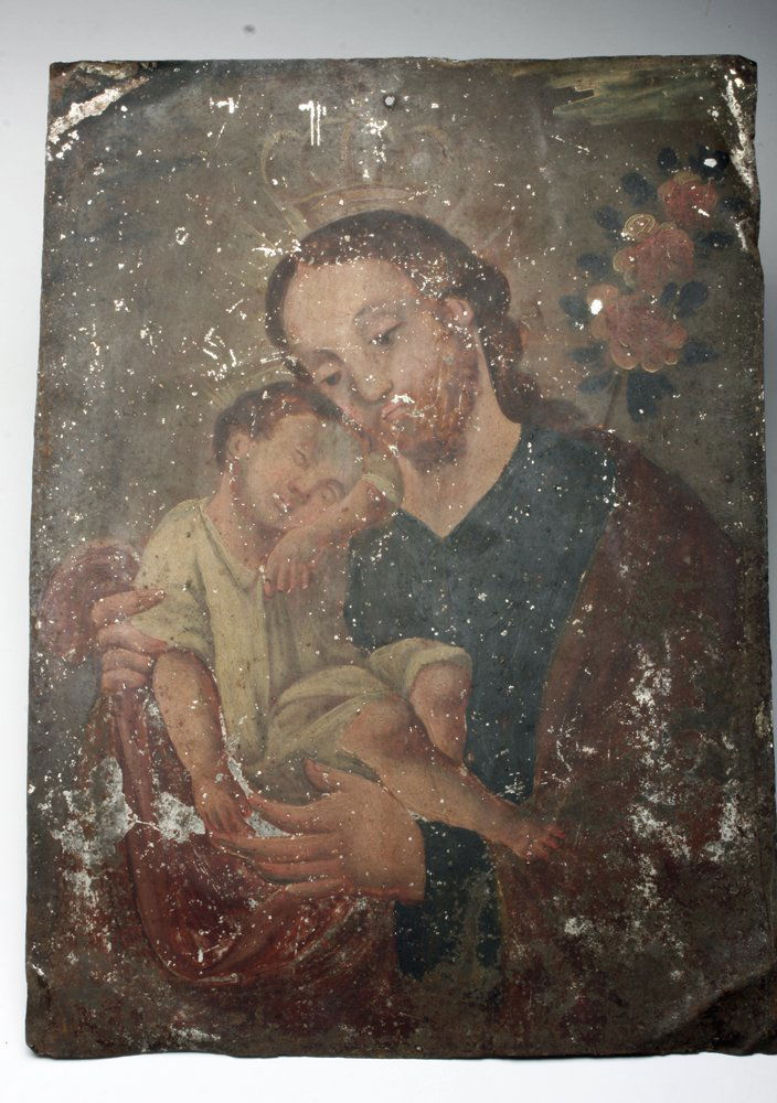 Antique Mexican Retablo, San Jose: Mexico, ca. 19th Century CE. A poignant antique Mexican retablo depicting St. Joseph with the Christ Child. Icons like these were placed above household altars to venerate the saints (retablo literall