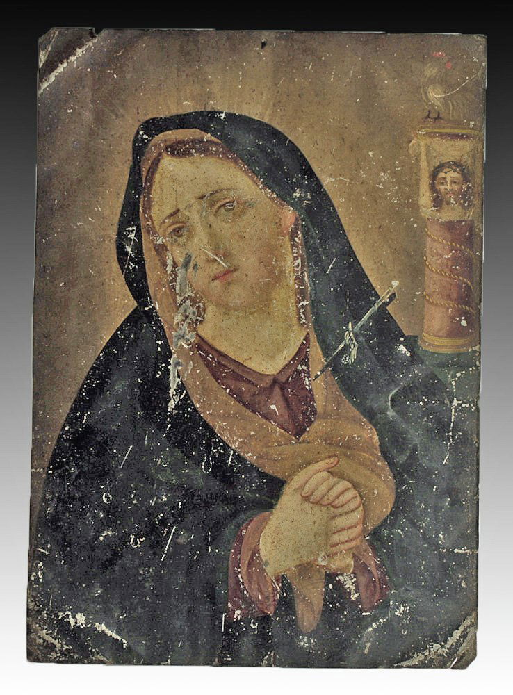 Antique Mexican Retablo, Mater Dolorosa: Mexico, ca. 19th Century CE. This example depicts the mourning Holy Mother on the day of Crucifixion. She is shown in dark robes, with clasped hands and a mournful expression. A dagger pierces her hea