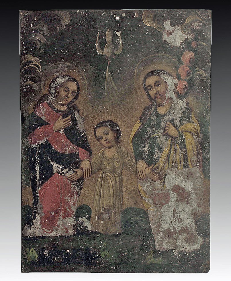 Antique Mexican Retablo, La Sagrada Familia: Mexico, ca. 19th Century CE. An antique Mexican retablo depicting the Holy Family. Icons like these were placed above household altars to venerate the saints (retablo literally means â€œbehind the