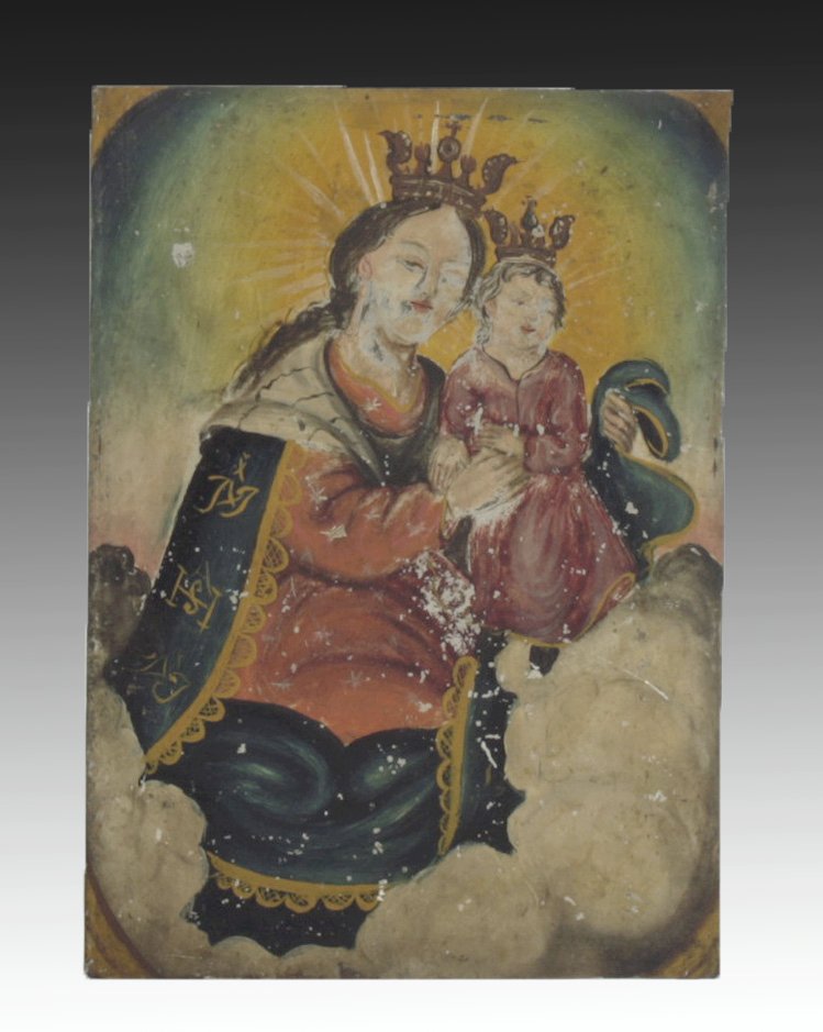 19th C. Mexican Retablo, Our Lady Refuge of Sinners: Mexico, ca. 1800. This retablo depicts the Holy Mother holding the Christ Child, as he balances on a billowing cloud. She is gorgeously dressed in blue and red robes, with her ciphers prominently disp