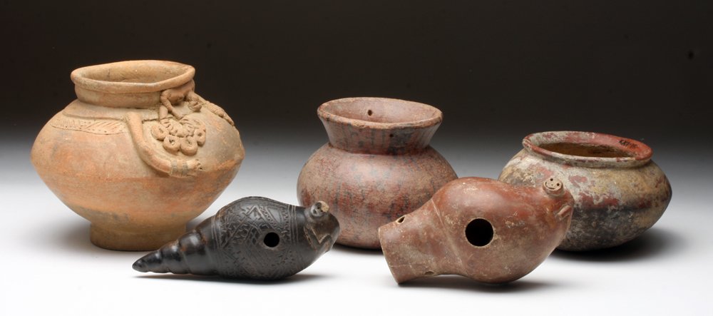 Lot of 4 Karchi Ceramics + Chimila Effigy Face Jar: Pre-Columbian, Border Ecuador/Colombia, Karchi culture and Chimila culture, ca. 800-1500 CE. This group includes two ceramic vessels created in negative-resist technique in which designs are applied w
