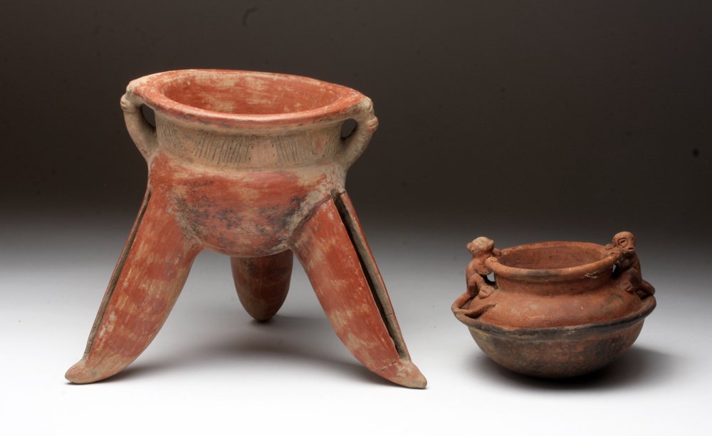 Lot of 2 Costa Rican Redware Vessels: Pre-Columbian, Costa Rica, Ca 800 to 1500 CE. Two fine terracotta vessels, each desirable on their own, but combined makes a super pair! First, typical spider leg jar used for cocoa consumption, each