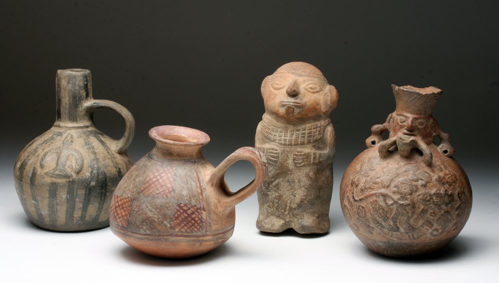 Lot of 4: Moche Jar + Moche Figure + Chimu Jar + Inca: Pre-Columbian, Peru, Moche, Chimu, and Inca Cultures, ca. 400-1500 CE. Lot of four Peruvian pieces, one Moche jar, one Moche figure, one Inca handled cup, and one blackware Chimu jar with bird motif, 