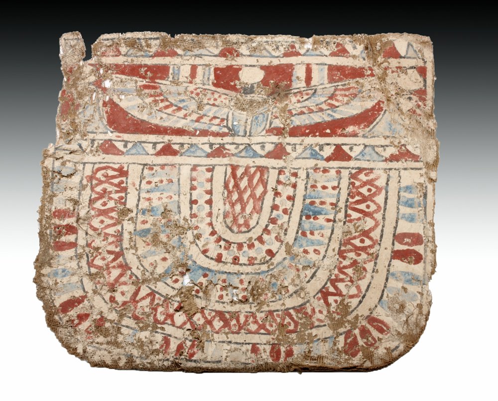 Egyptian Cartonnage Panel - Winged Scarab: Egypt, Ptolemaic Period, ca. 332 - 30 BCE. A polychrome cartonnage pectoral fragment depicting a winged scarab beetle. Above and below the figure is a linear and geometric design. Approx. 8" x 8" Prov