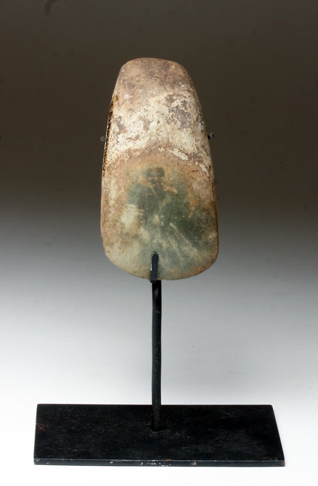 Proto-Mayan Stone Celt: Mayan territories, ca 500 to 200 BCE. Fine carved stone ax head in deep gray/black mottled stone. Many of the stone celts like this have been repolished losing the deep deposits that atest to the 2000