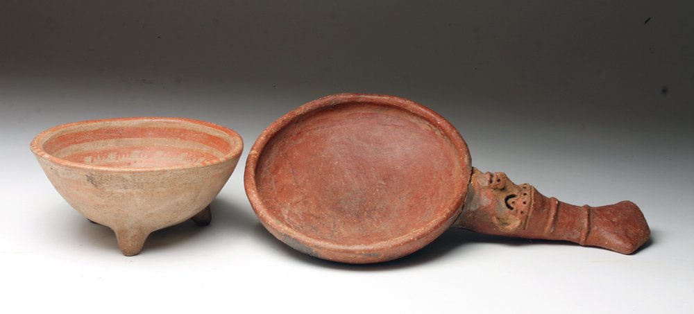 Michoacan Grater Bowl and Costa Rican Effigy Handled Ce: Pre-Columbian, Western Mexico, Michoacan, ca. 300 BCE to 300 CE. Intriguing pair, starting with nice sized Michoacan grater bowl with beautifully painted decoration in red and cream and deeply incised