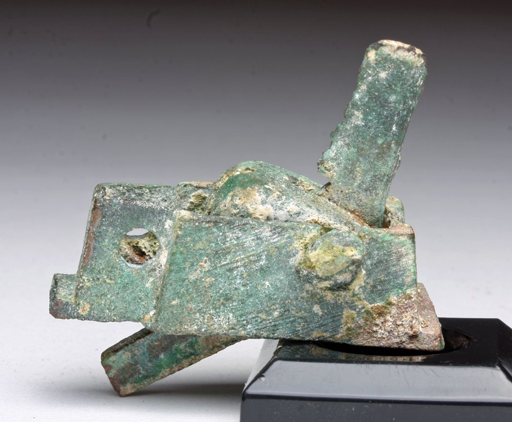 Chinese Warring States Bronze Crossbow Mechanism: China, Warring States Period, ca. 475 - 221 BCE. A cast bronze mechanism for a wooden crossbow, with two moving levers mounted inside bronze casing with bronze nail. Wonderful green patina. A great pi
