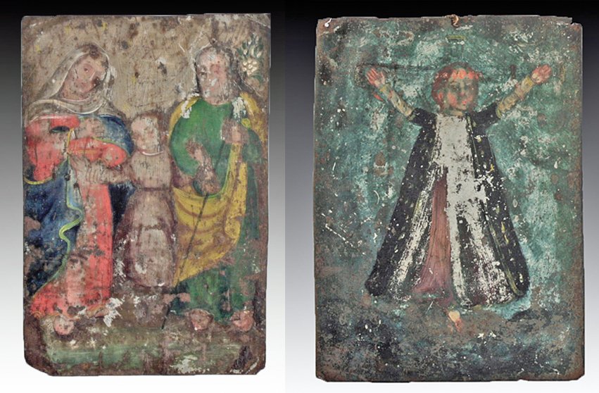 Lot of 2 Mexican Retablos, Santa Librata and La Sagrada: Mexico, ca. 19th Century CE. A Pair of antique Mexican retablos. Icons like these were placed above household altars to venerate the saints (retablo literally means "behind the altar"). The retablo be