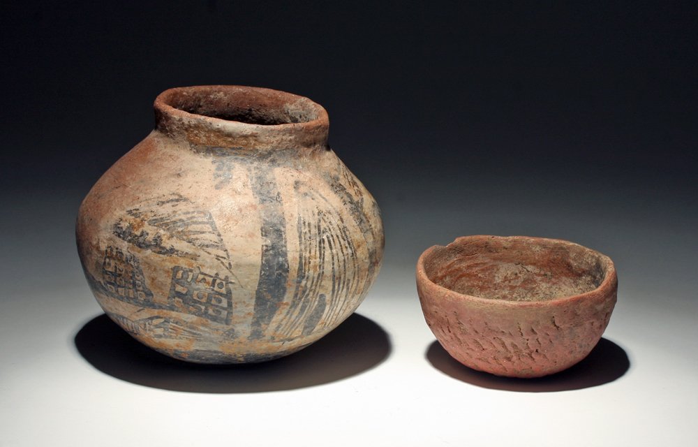 Gila Polychrome Jar + Near-Miniature Anasazi Corrugated: Native American, North America, Southeastern Arizona, Tonto Basin, Salado culture, ca. 1350-1600 CE. The Salado (Spanish for "salty") peoples migrated from Mexico to the Salt River in Southeastern Ari