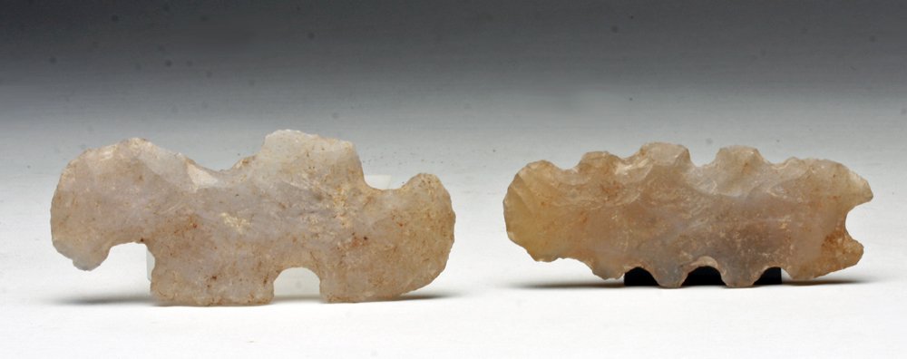 Lot of 2 Mayan Eccentric Flints: Pre-Columbian, Mayan territories, ca 400 to 700 CE. Pair of wonderfully knapped flint creatures, often found in Mayan cenotes throughout the Mayan lands. Included are a Mayan lord in dance pose, and w