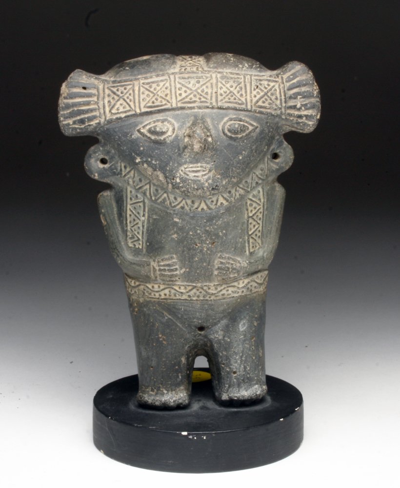 Inca Standing Figure, Cute & Unusual!: Pre-Columbian, Northern Peru, Ca 1100 to 1400 CE. A very cute and somewhat rare Inca blackware standing figure. More reminiscent of Chancay pottery figures, but done in the Chimu/Inca blackware style,