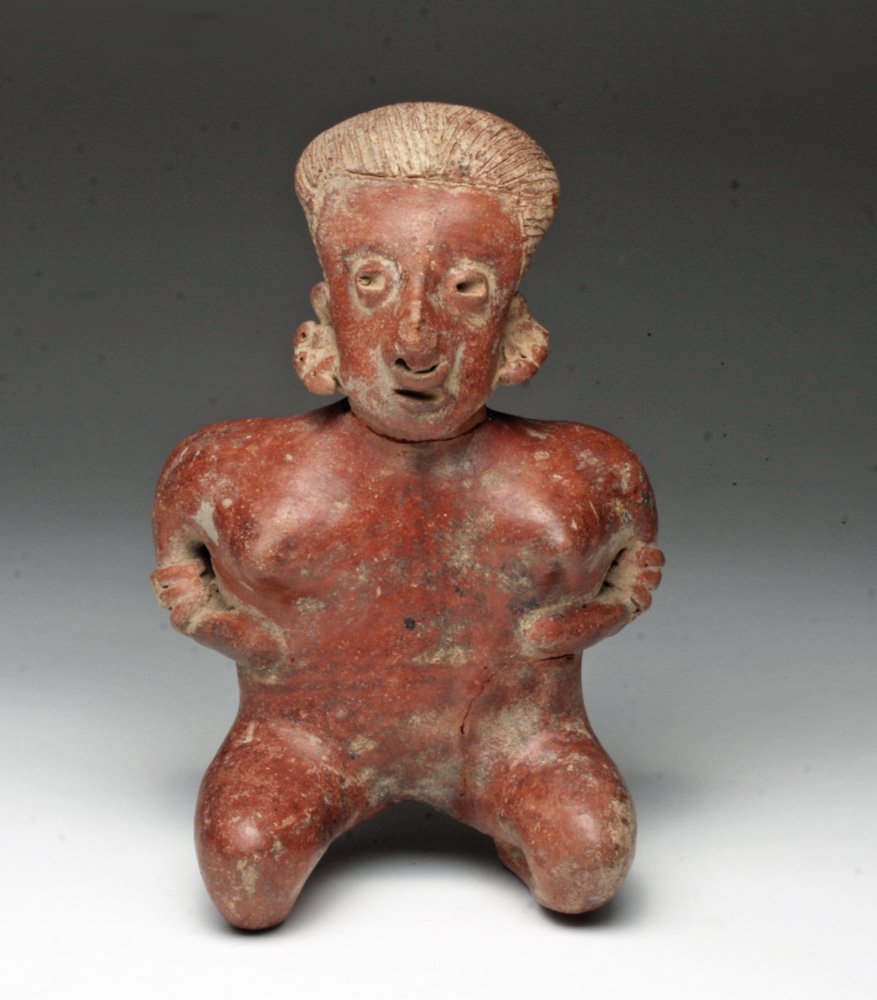 Jalisco Kneeling Female Figure: Pre-Columbian, West Mexico, Ca 200 BCE to 200 CE. Attractive pottery figure of a female, shown with hands to her waist, nude save three arm-bands to each arm and earrings; hair nicely detailed. 8-3/4"