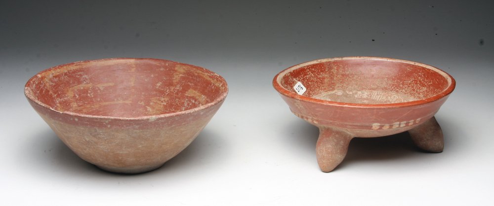 Lot of 2 Mixtec Ceramics - Bowl + Tripod Rattle Bowl: Pre-Columbian, Mexico, Mixtec culture, ca. 1000 BCE to 1500 CE. This lot features a Mixtec tripod rattle bowl decorated in red, cream, and white painted and incised geometric designs. The rattles stil