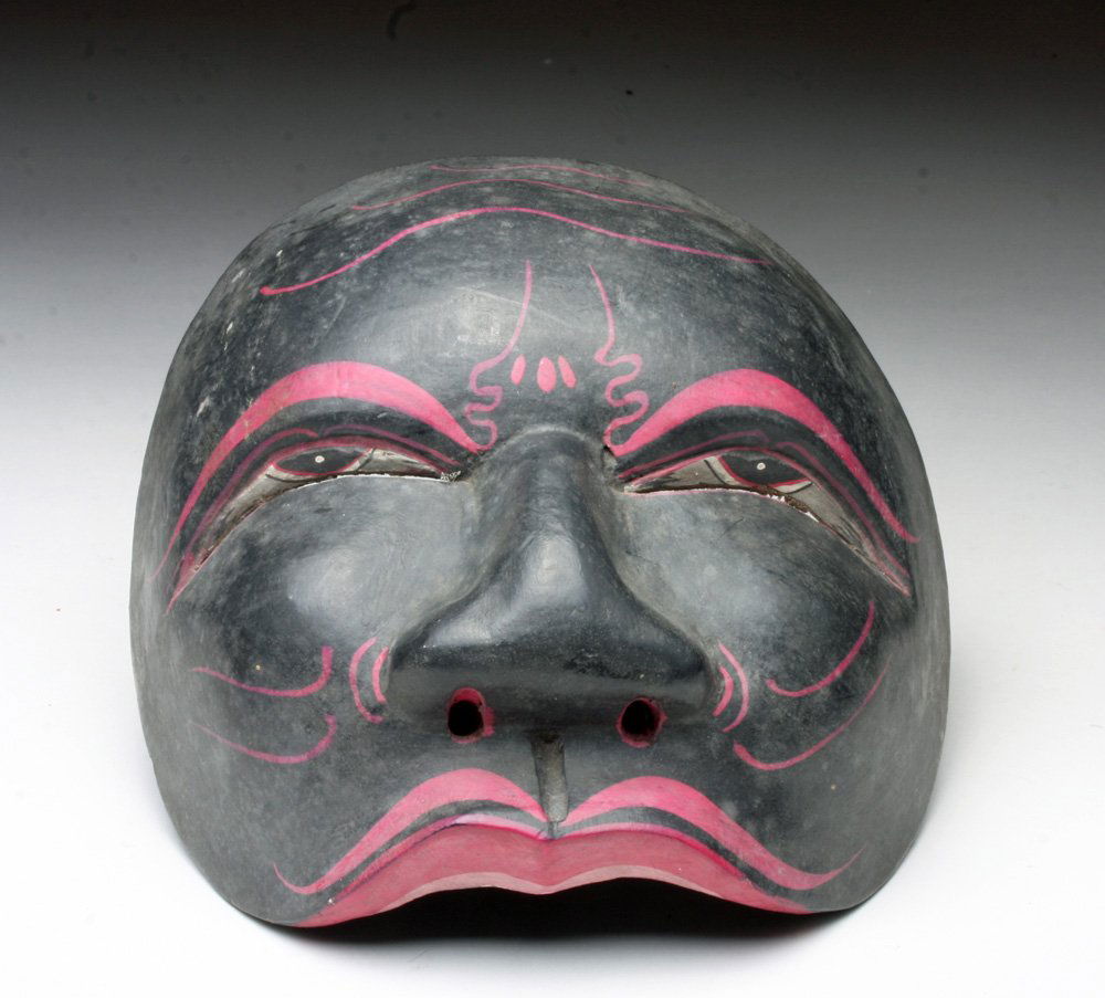Vintage Javanese Dance Half-Mask: Java, Indonesia, 20th century. Fascinating wood half-mask with finely painted details used in the wayang topeng dramas performed in Central Java. Beautiful polychrome finish in red, black, and fuchsia