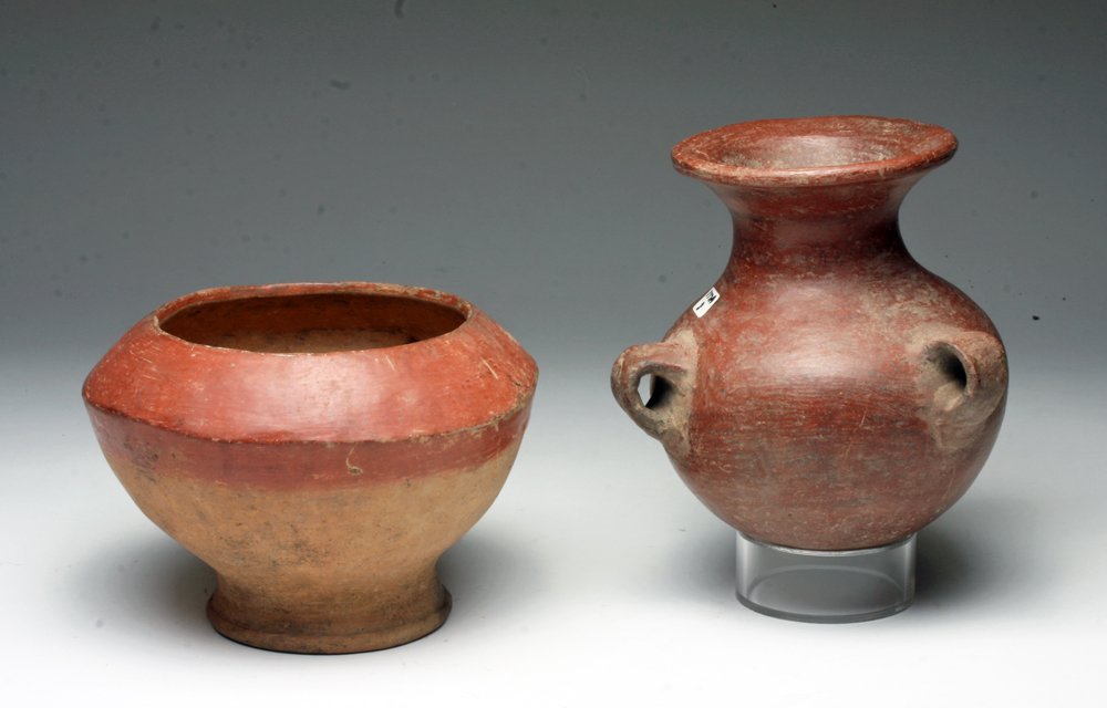 Lot of 2 Large Chupicuaro Redware Ceramics: Pre-Columbian, Mexico, Guanajuato Valley, ca. 300-200 BCE. These Chupicuaro redware ceramics make a striking pair. On the one hand we have a round-bottomed olla with beautifully graduated neck and thr