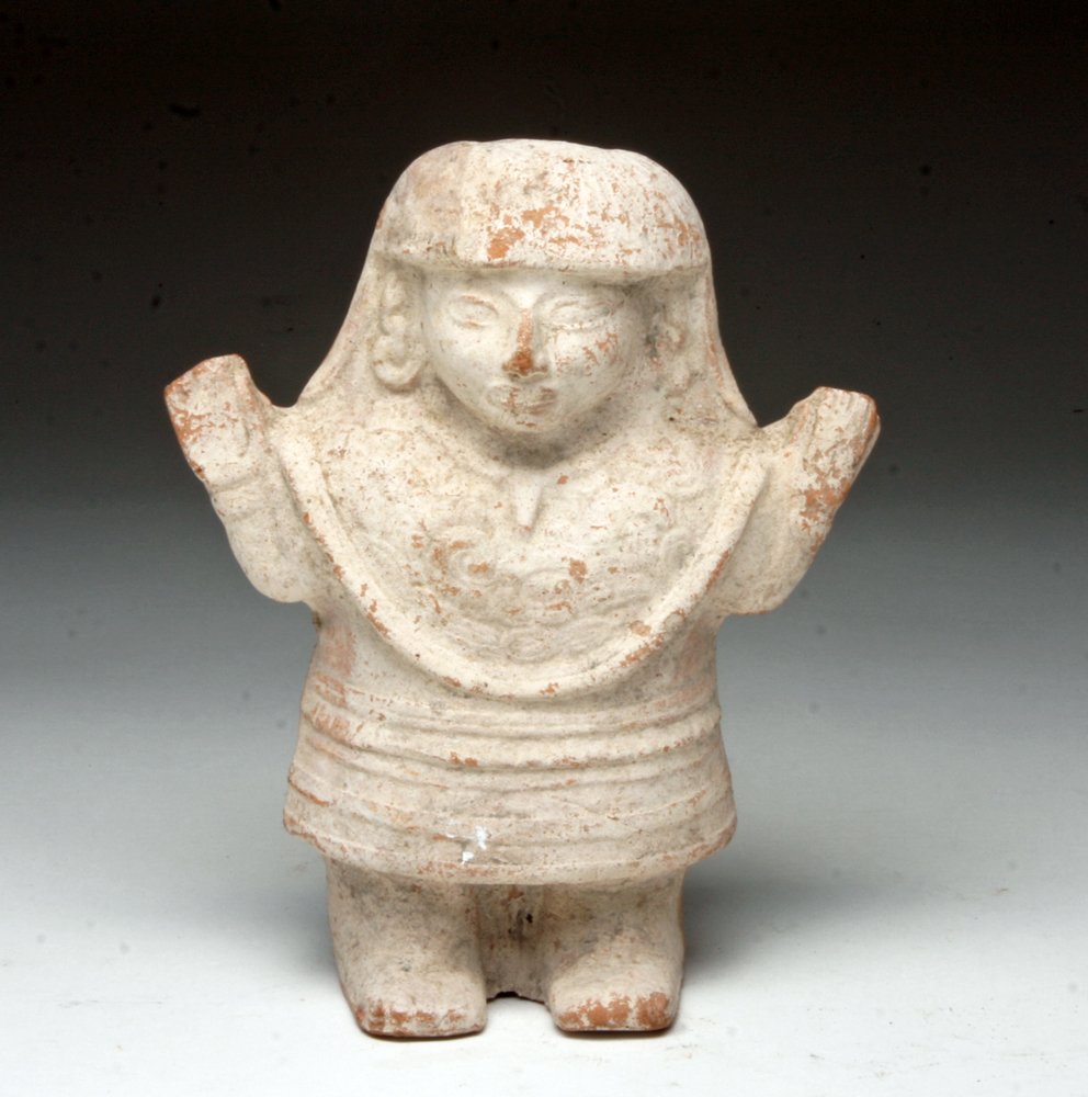Pre-Columbian Mayan Rattle, Priestess Form: Mayan Territories, ca. 500 to 800CE. This ancient ceramic figure rattle represents a Mayan priestess standing in a ritualistic posture with outstretched arms and open, outfacing hands, a gesture that 