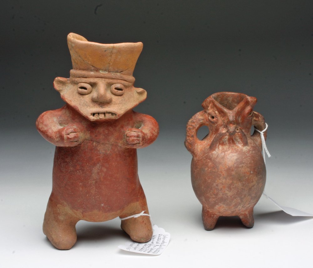 Unusual Pair of Pre-Columbian Jars from Costa Rica: Costa Rica, Ca 500 to 1000 CE. Unusual pair of redware jars, one in human form with quite the unattractive face, lower jaw extended and teeth quite prominent. Other vessel is probably a coatimundiwith