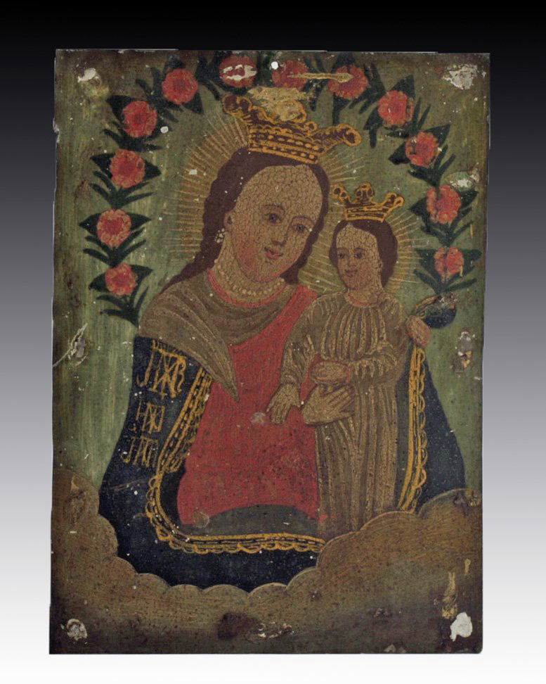 Antique Mexican Retablo, Our Lady Refuge for Sinners: Mexico, ca. 19th Century CE. An antique Mexican retablo depicting the popular image of Our Lady, Refuge for Sinners. Icons like these were placed above household altars to venerate the saints (retablo