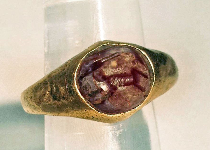 Ancient Roman Gold Ring, ex-Drouot: Rome, ca. 1st century CE. A fascinating ring set with a galloping creature in the carnelian intaglio, in original gold setting. It's rare to have the original setting because so often the finders melt