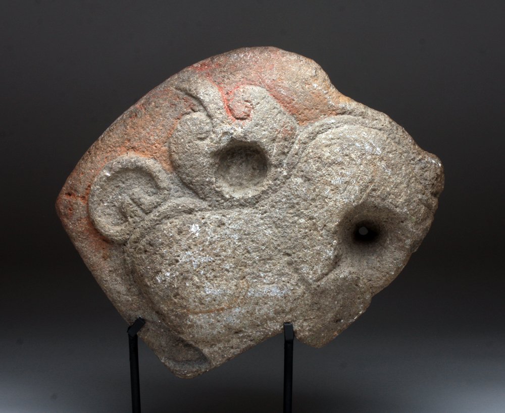 Mayan Stone Hacha, Jaguar Head: Pre-Columbian, Mayan Territories, ca. 500 to 800 CE. Hachas were believed to be ceremonial axe heads, hence the name, which means "axe" in Spanish. They are also believed to be related to the Mesoamer