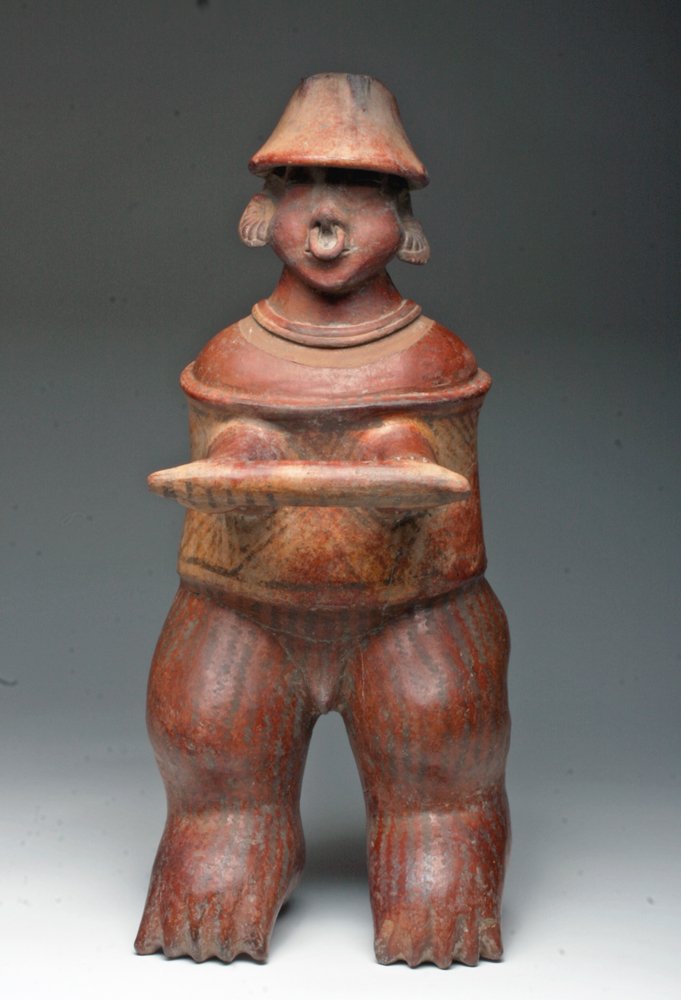 Huge Nayarit San Sebastian Warrior - TL Tested!: Pre-Columbian, West Mexico, Ca 100 BC to 100 CE. A very large and imposing ceramic statue in the San Sebastian style. Male warrior wearing barrel armor, arms extended offering a club, standing on twin