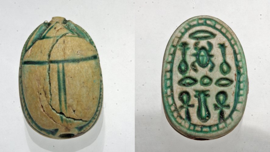 Superb Egyptian Scarab - Ex Mitry: Egypt, New Kingdom, Dynasty 18, Ca 1540 to 1307 BCE. One of the loveliest scarabs we have had the pleasure of handling. Carved steatite good luck charm with neb, ankhs (life), kheper (beetle). 15mm by